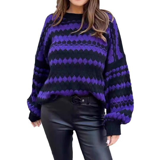 Damen gemütlicher Strickpullover mit modernem Zopfmuster und grafischen Akzenten EB