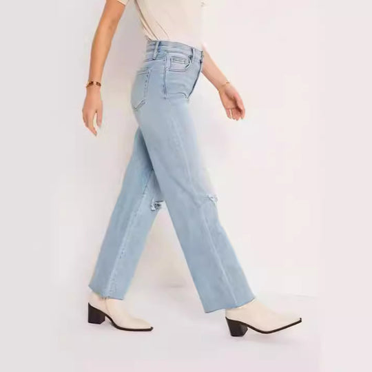 Damen High-Waist Jeans mit fransigem Saum und modischen Rissdetails EB