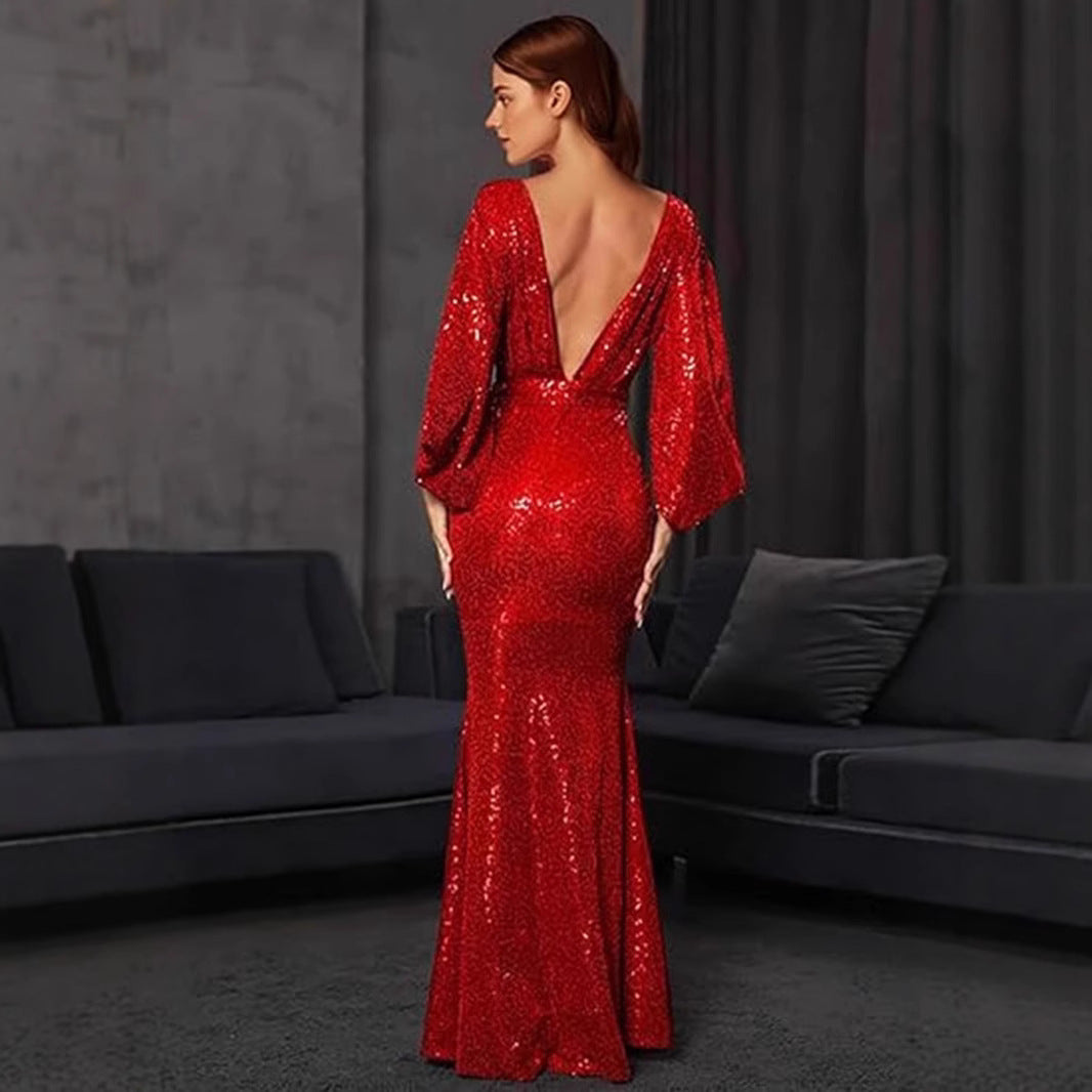 Damen Glamouröses Pailletten-Abendkleid mit tiefem V-Ausschnitt und fließendem Rock EB