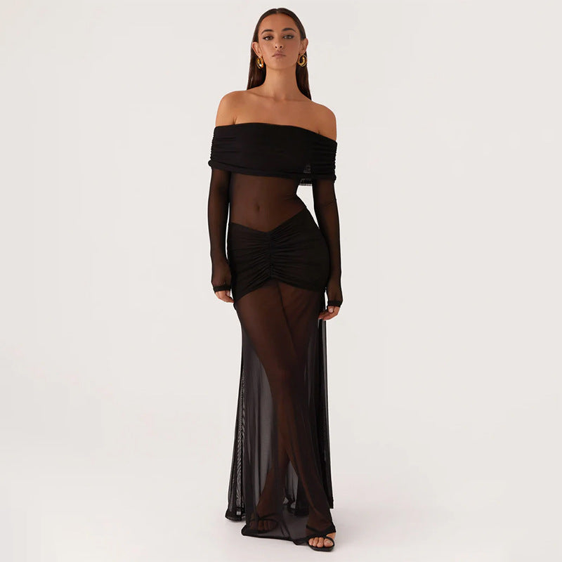 Damen durchsichtiges Maxikleid mit schulterfreiem Design und Rüschungen EB