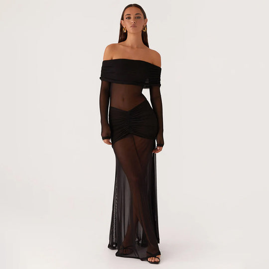 Damen durchsichtiges Maxikleid mit schulterfreiem Design und Rüschungen EB