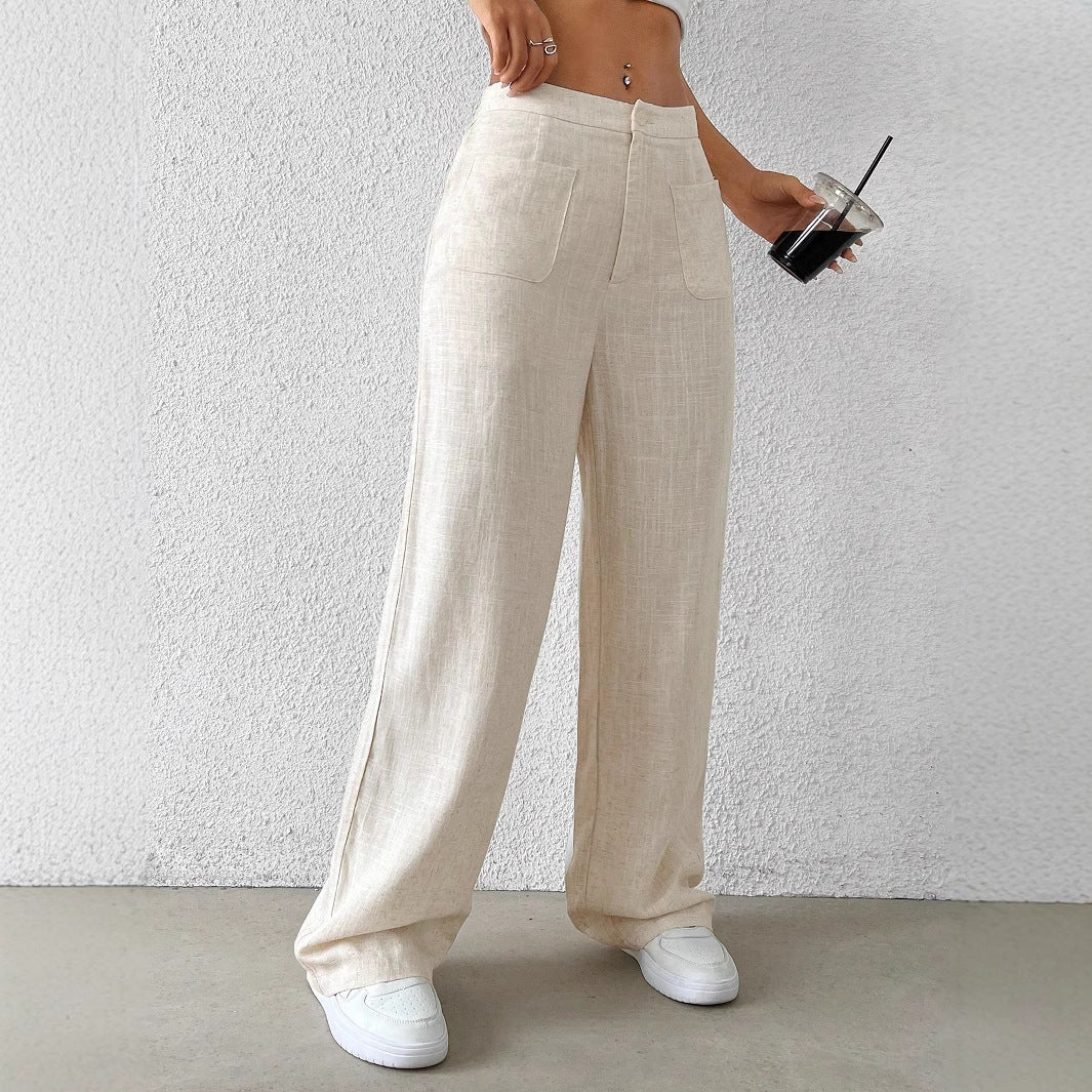 Damen Weit geschnittene Leinenhose mit elastischem Bund und praktischen Taschen EB