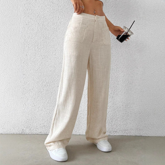 Damen Weit geschnittene Leinenhose mit elastischem Bund und praktischen Taschen EB