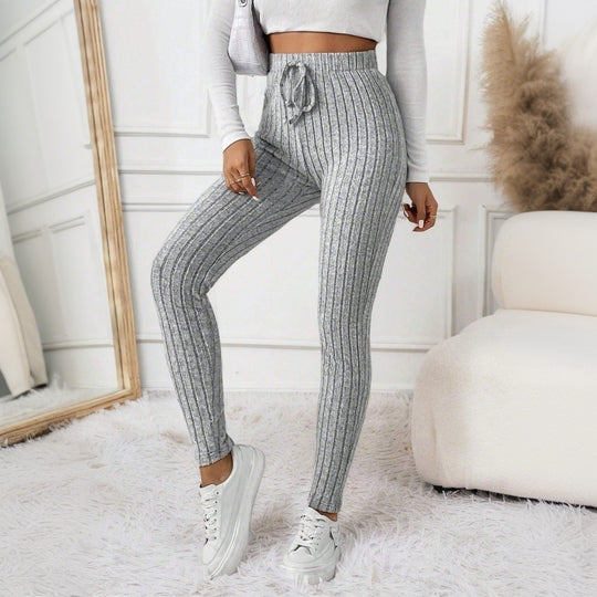 Damen gerippte Highwaist-Stricklegging mit Tunnelzug, elastischer Bund und figurbetonter Skinny-Passform Eichborn Berlin