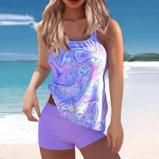 Damen Tankini-Set mit modischem Wasserfarben-Muster und integrierten Shorts EB