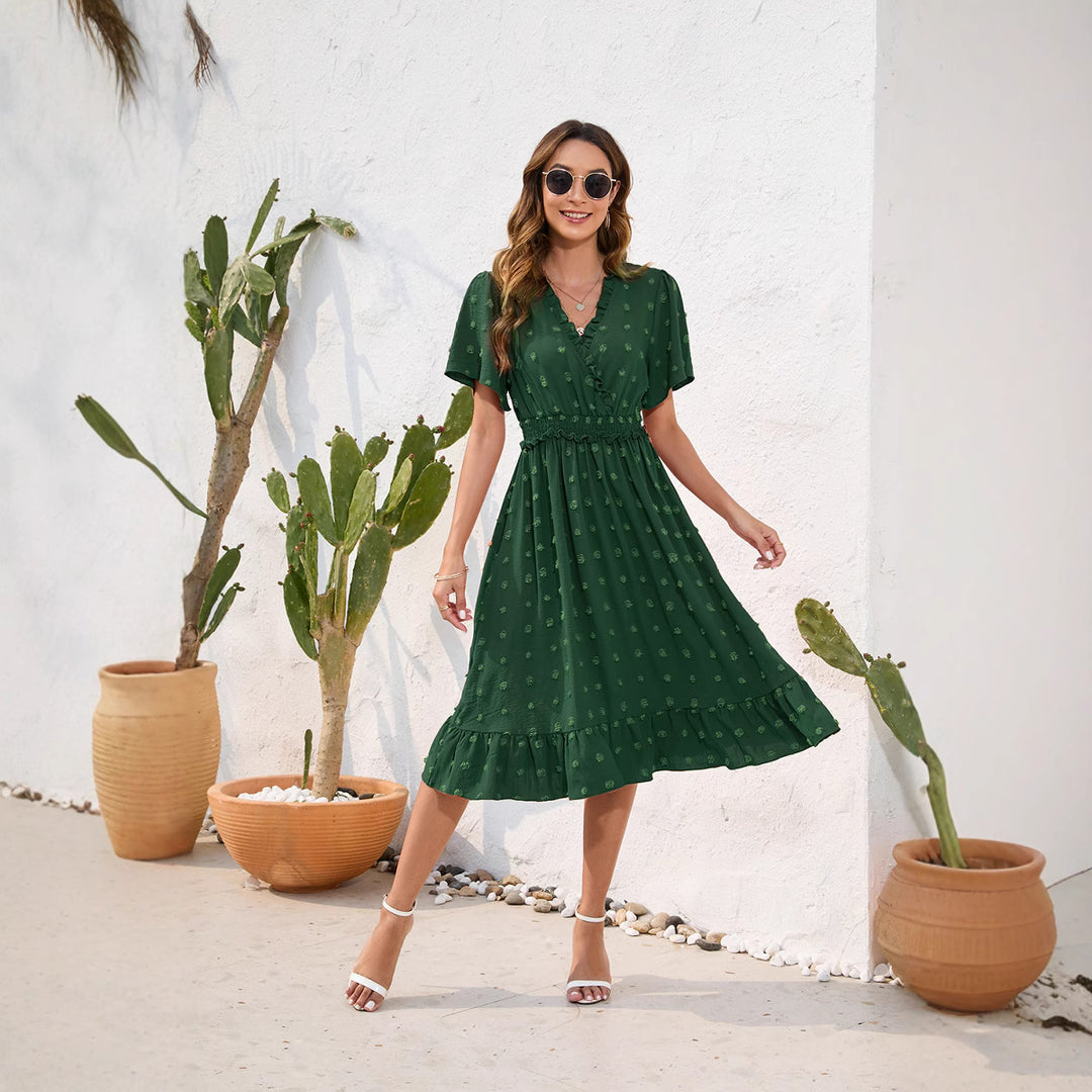 Damen Midikleid mit raffiniertem V-Ausschnitt, elastischem Taillenzug und fließendem Rock EB