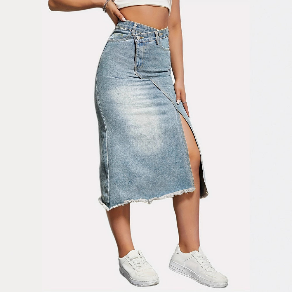 Damen Denim-Midi-Rock mit asymmetrischem Schnitt und fransigem Saum EB
