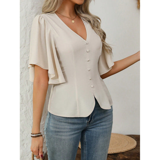 Damen Bluse mit fließenden Ärmeln und V-Ausschnitt EB
