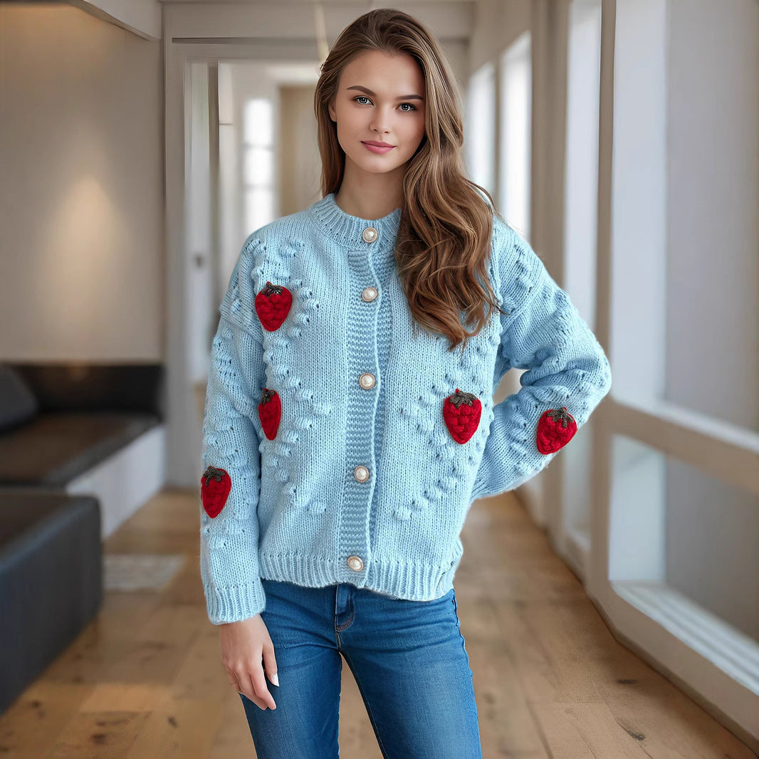 Damen Strickjacke mit verspieltem Erdbeermotiv und Knopfdetails EB