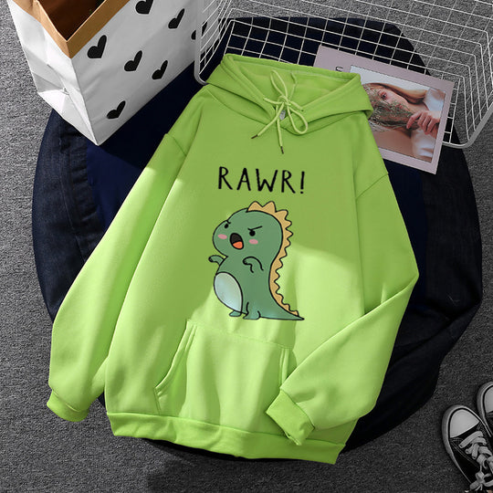 Damen nan Oversize-Kapuzenpullover mit kawaii Dinosaurier-Motiv, gerippten Bündchen und Kängurutasche EB