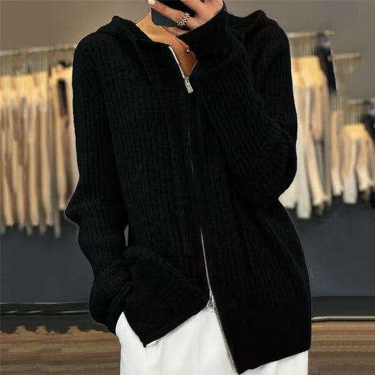 Damen nan oversized Rippstrick-Kapuzencardigan mit Zwei-Wege-Reißverschluss und Kaschmir-Blend EB