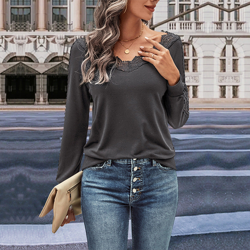 Damen Langarmbluse mit romantischem Spitzenbesatz EB