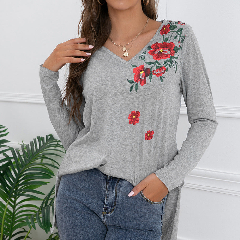 Damen Langarm-T-Shirt mit floralem Print und V-Ausschnitt EB