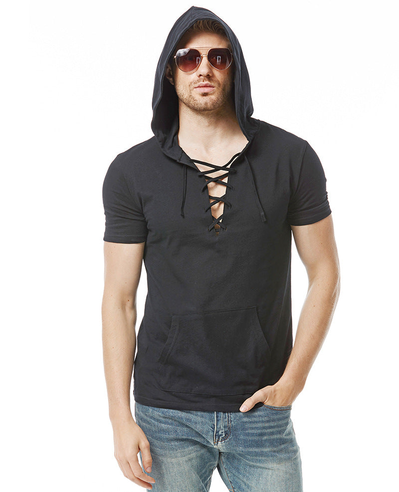 Herren Kapuzen-T-Shirt mit innovativem Schnürdesign und praktischer Kängurutasche EB