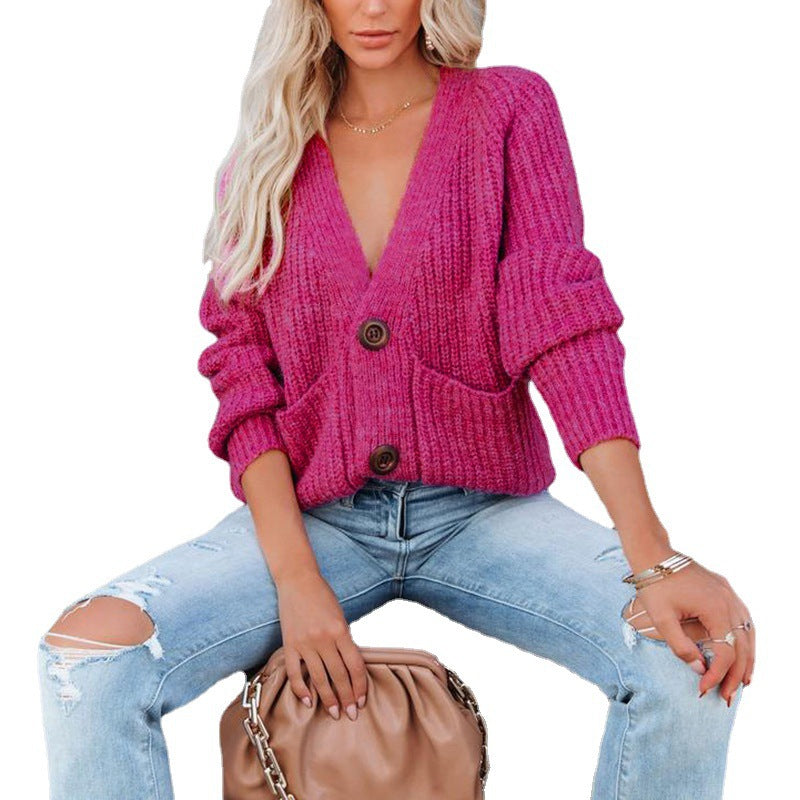 Damen Grobstrickjacke mit V-Ausschnitt und Taschen EB