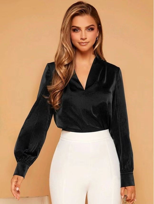 EB | V-Ausschnitt Langarm Satin Bluse