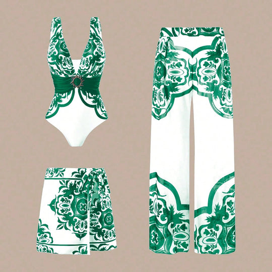 Damen Eleganter Badeanzug mit passendem Strandhosen-Set EB
