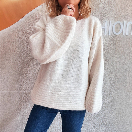 Damen kuscheliger Strickpullover mit weitem Schnitt und modischen Baumelärmeln EB
