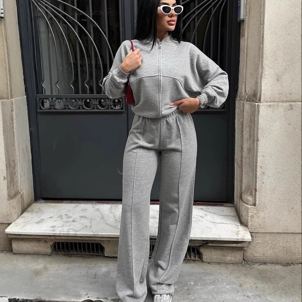 Damen nan Oversize Reißverschlussjacke mit weiter High-Waist Loungehose Set EB