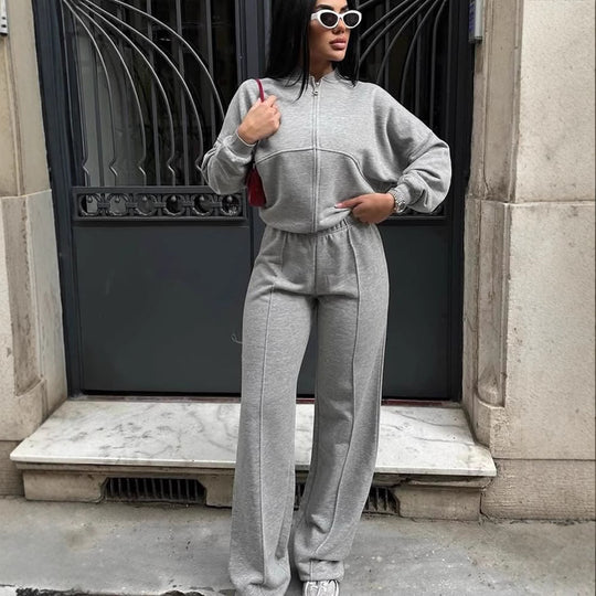Damen nan Oversize Reißverschlussjacke mit weiter High-Waist Loungehose Set EB
