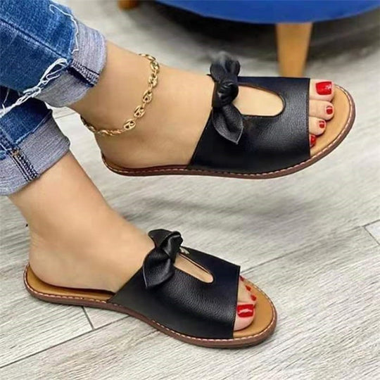 Damen  elegante flache Pantoletten mit Schleifenriemen und gepolsterter Decksohle EB