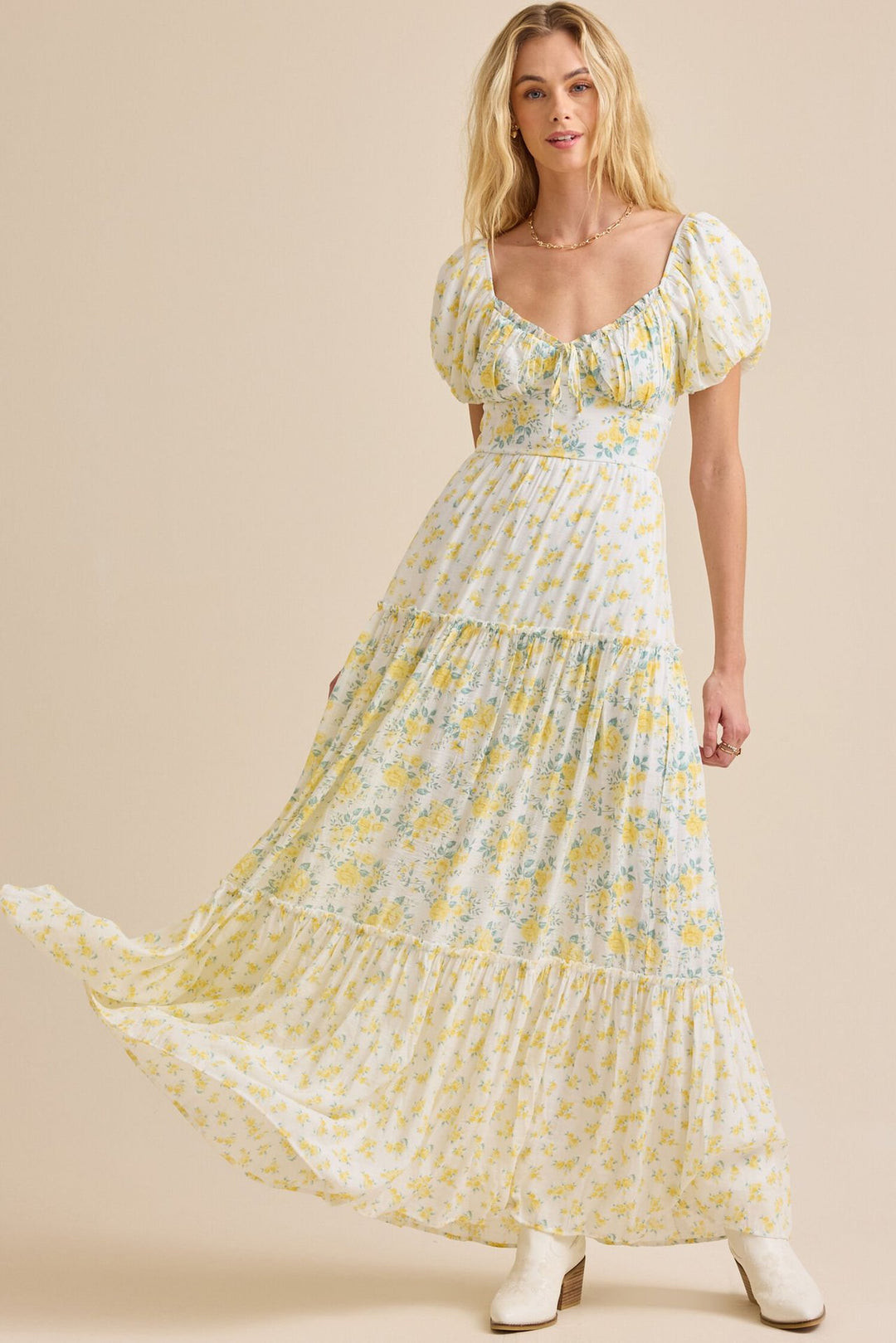 Damen Maxikleid mit blumigem Design und hochwertigen Puffärmeln EB