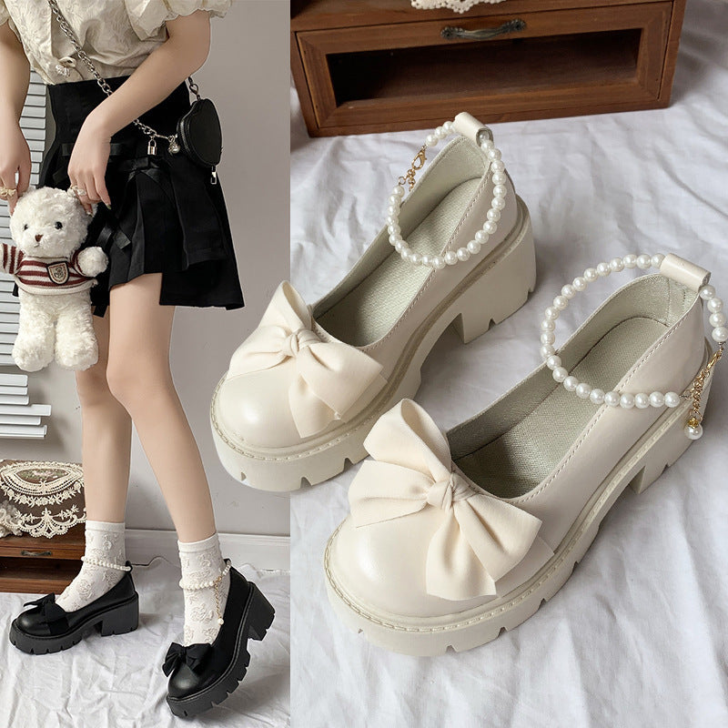 Damen elegante Plateau-Sandalen mit verspieltem Schleifen-Design und perlenbesetztem Riemen EB