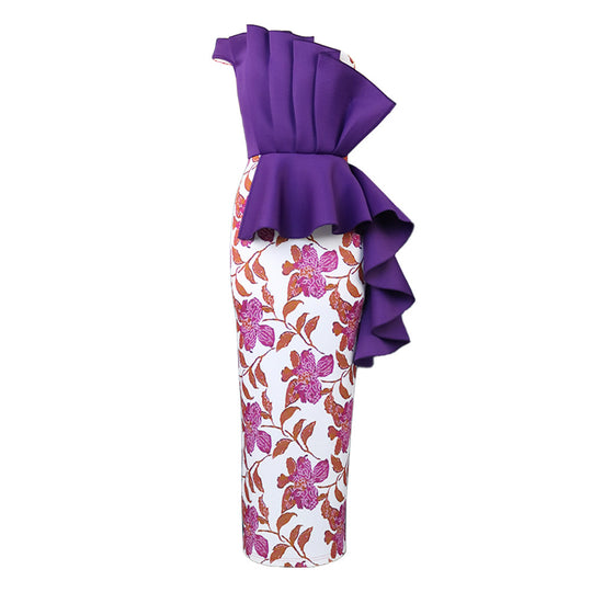 Damen elegantes Kleid mit asymmetrischem Rüschendesign und floralen Mustern EB