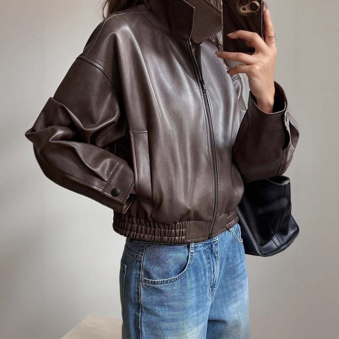 Damen Oversize Kunstlederjacke im modernen Look mit praktischem Reißverschluss und elastischem Bund EB