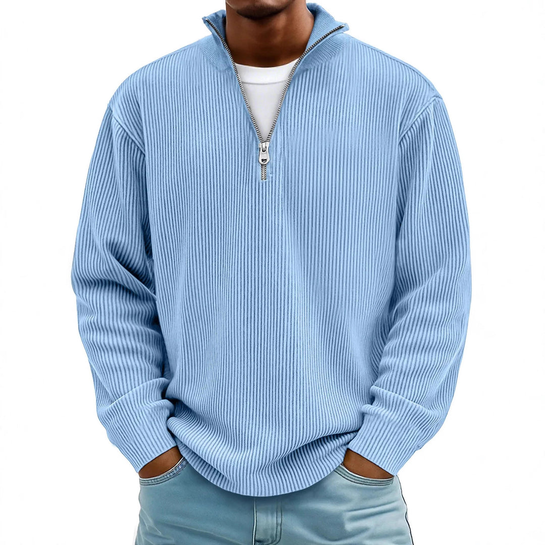 Herren nan gerippter Strickpullover mit halbem Reißverschluss und Stehkragen EB