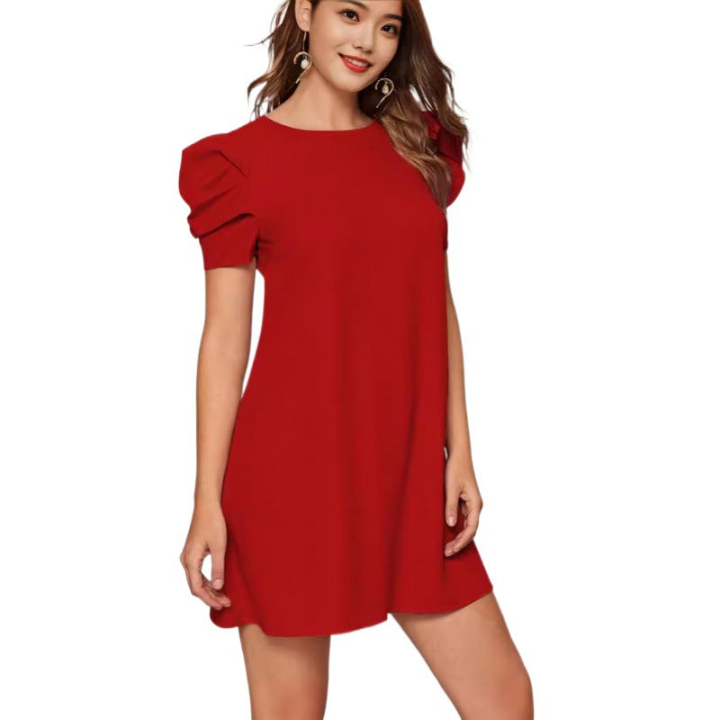 Damen lässiges Kurzarmkleid mit voluminösen Puffärmeln und lockerem Schnitt EB