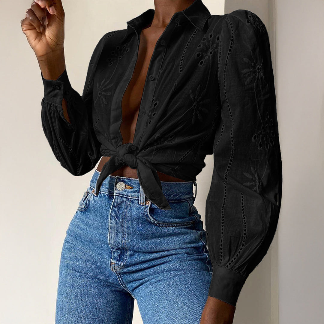 Damen Transparente Bluse mit Stickereien und Rüschendetails EB