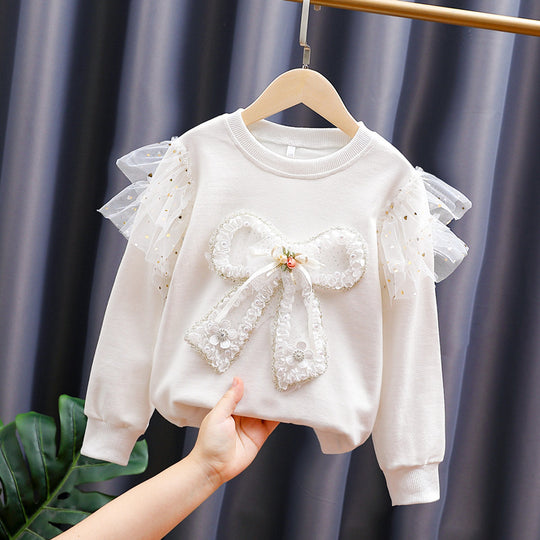 Mädchen modisches Sweatshirt mit transparenten Puffärmeln und Schleifendetail EB