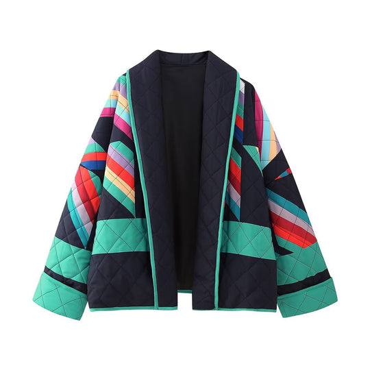 Damen gestreifte Steppjacke mit weitem Schnitt und stylischem Farbspiel EB