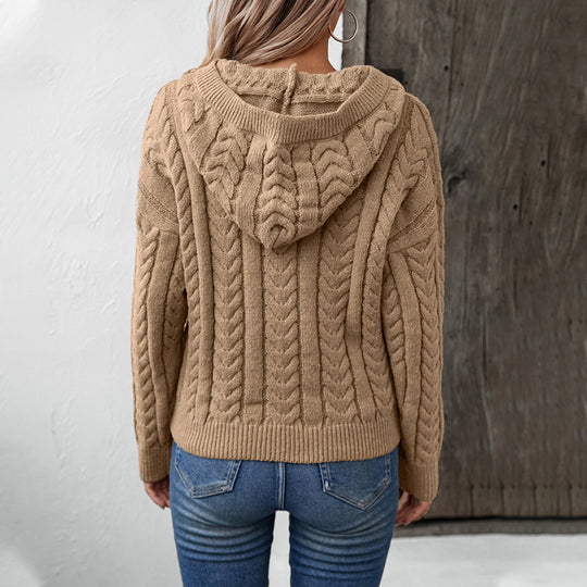 Damen Strickpulli mit Kapuze und Zopfmuster EB