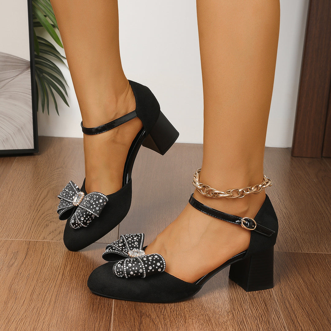 Damen Riemchen-Pumps mit zierlicher Schleife und Strass-Applikationen EB