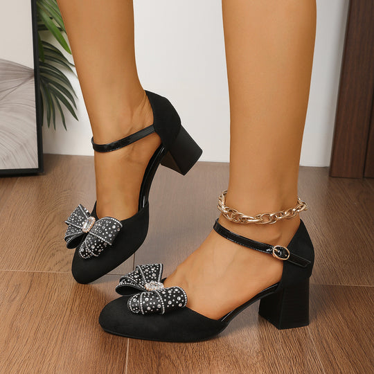 Damen Riemchen-Pumps mit zierlicher Schleife und Strass-Applikationen EB