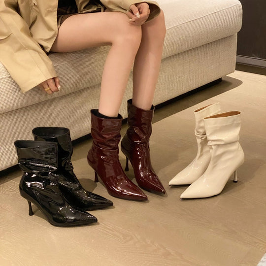 Damen elegante Stiefeletten mit spitzem Zehenbereich und schickem Falten-Design EB