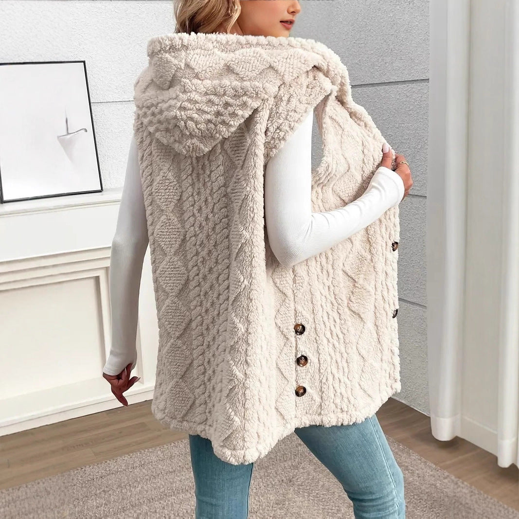 Damen Stylish gesteppte Weste mit Kapuze und Knopfverschluss EB