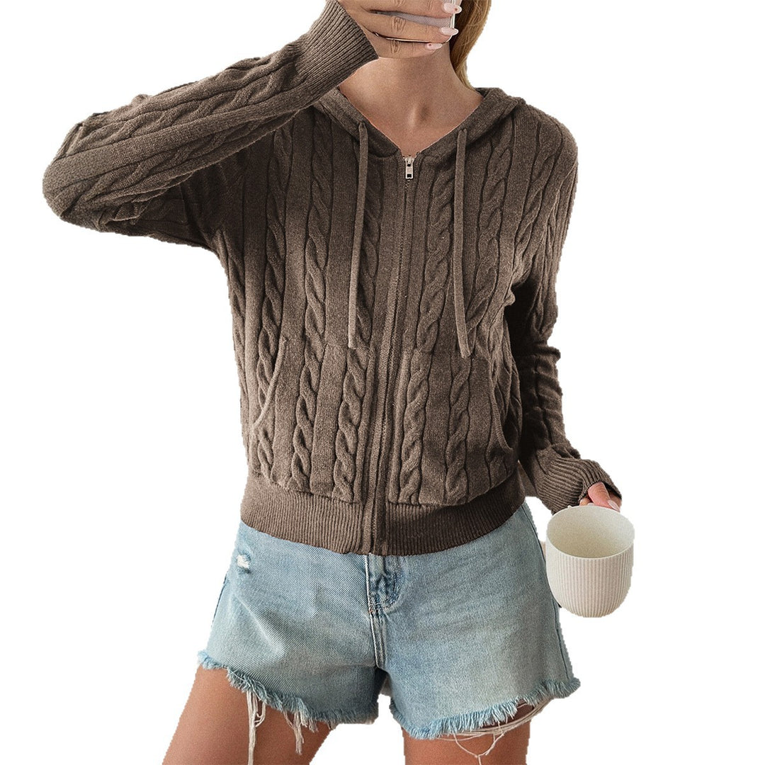 Damen nan Kapuzen-Strickjacke mit Reißverschluss, Zopfstrickstruktur und Kängurutasche EB