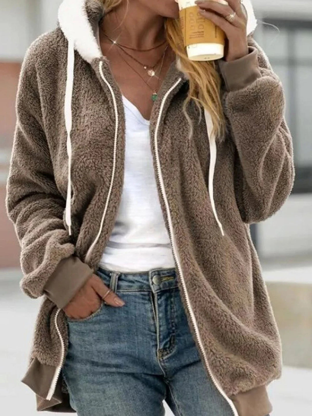 Damen Kuschelige Teddy-Fleece-Kapuzenjacke mit Reißverschluss und Oversized-Schnitt EB