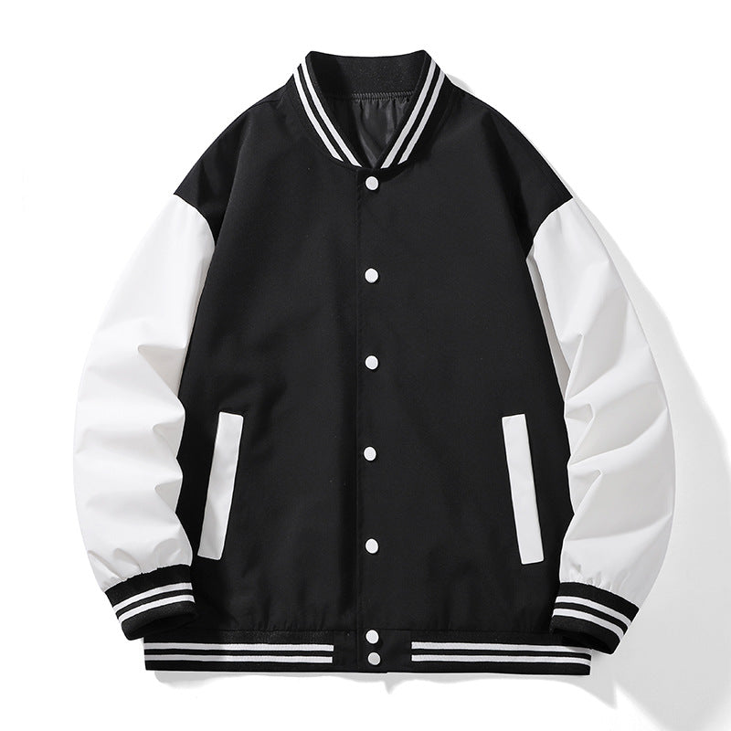 Unisex College-Bomberjacke im Varsity-Stil mit kontrastärmeln, gestreiften Rippbündchen und Druckknopfverschluss EB