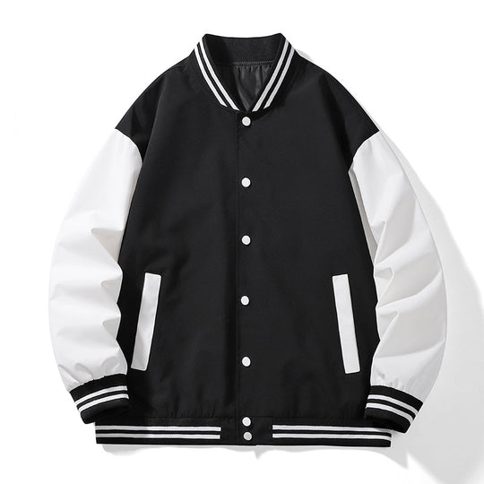 Unisex College-Bomberjacke im Varsity-Stil mit kontrastärmeln, gestreiften Rippbündchen und Druckknopfverschluss EB