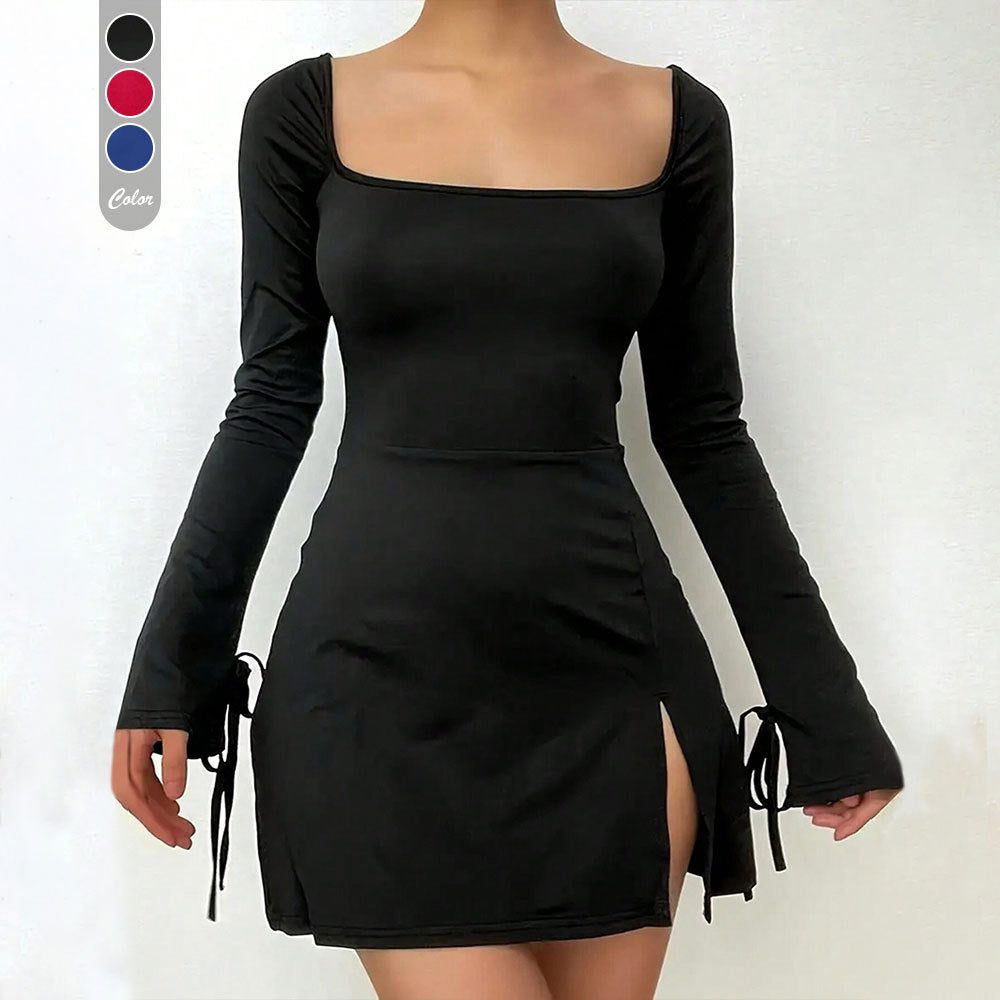 Damen figurbetontes Minikleid mit eckigem Ausschnitt Trompetenärmeln und seitlichem Schlitz Eichborn Berlin