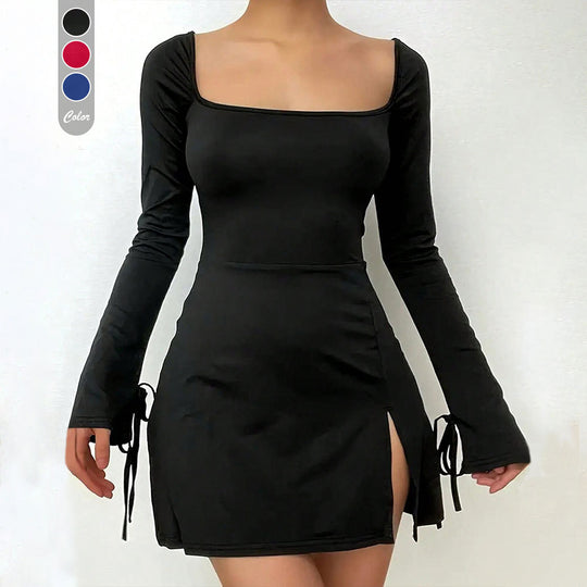 Damen figurbetontes Minikleid mit eckigem Ausschnitt Trompetenärmeln und seitlichem Schlitz Eichborn Berlin