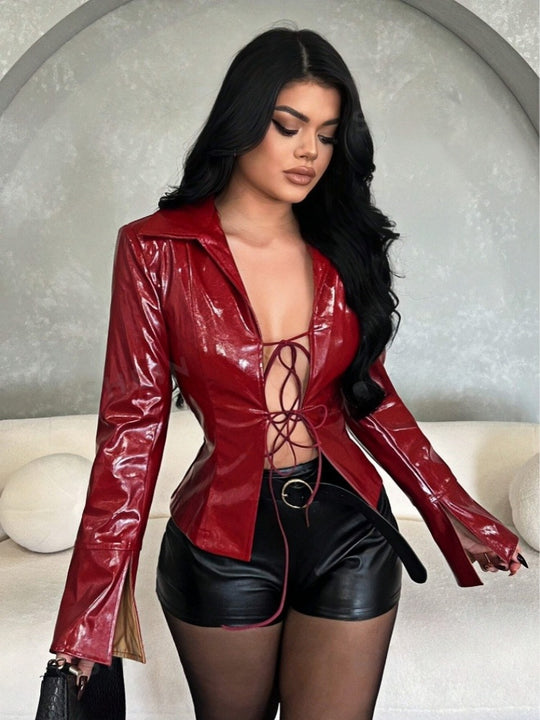 Damen Kunstleder Jacke mit raffiniertem Schnürdesign EB