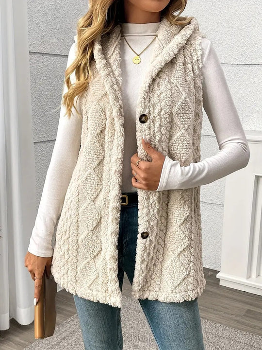 Damen Kuschelige Fleece-Weste mit Kapuze und Knopfverschluss EB