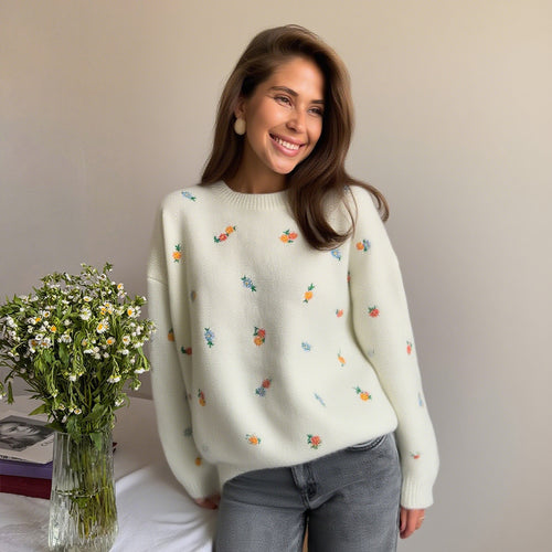 Damen Verspielter Pullover mit floralen Stickereien EB
