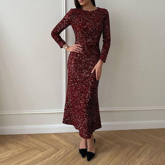 Damen Glamouröses Abendkleid mit funkelnden Pailletten und eleganten langen Ärmeln EB