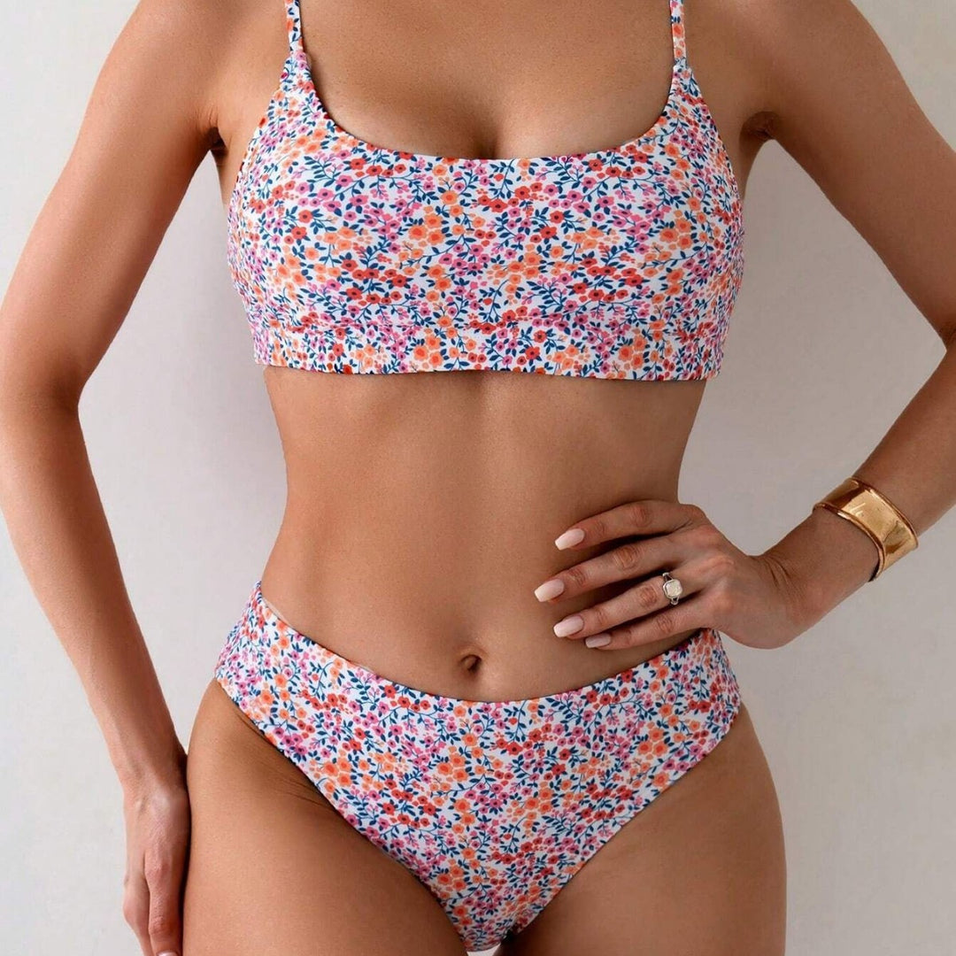 Damen hochgeschnittener Bikini mit floralen Mustern EB